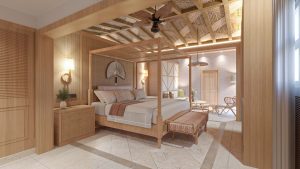 wood and natural material in the guestroom with four poster bed in Cayo Levantado Resort