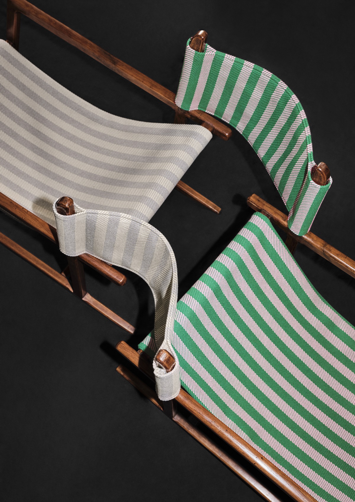 striped green and white deckchair Dedar fabric.