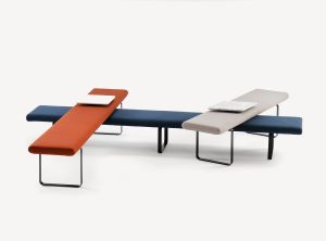 orange, blue and grey interlocking benches from the kyoto collection by Morgan