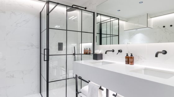 Modern white bathroom inside Manchester Velvet hotel