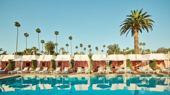 the cabanas around the pool at the Beverly Hills Hotel Cabanas by Champalimaud Design