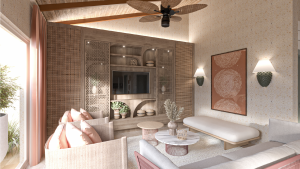 seating area in a suite with ceiling fan, open doors and natural colours