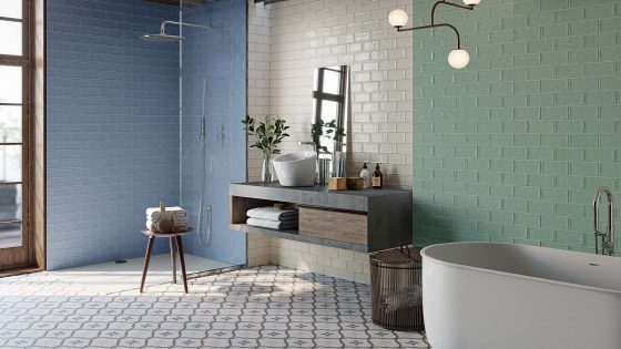 bathroom with blue, green and white colour blocked tiled walls by CTD Tiles