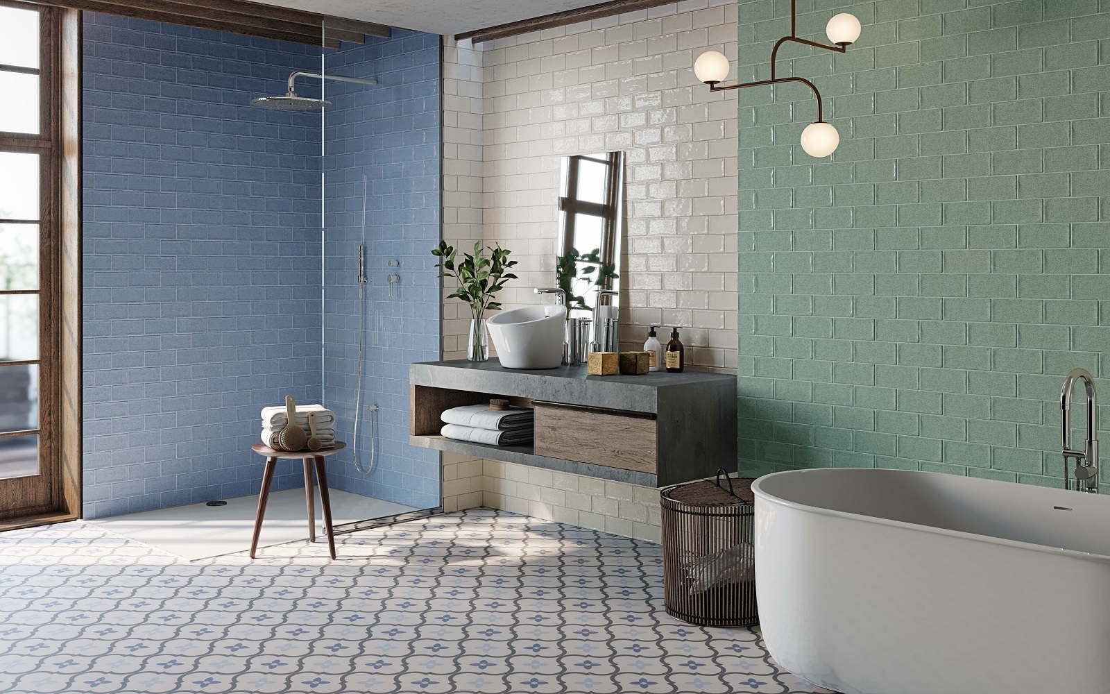 bathroom with blue, green and white colour blocked tiled walls by CTD Tiles