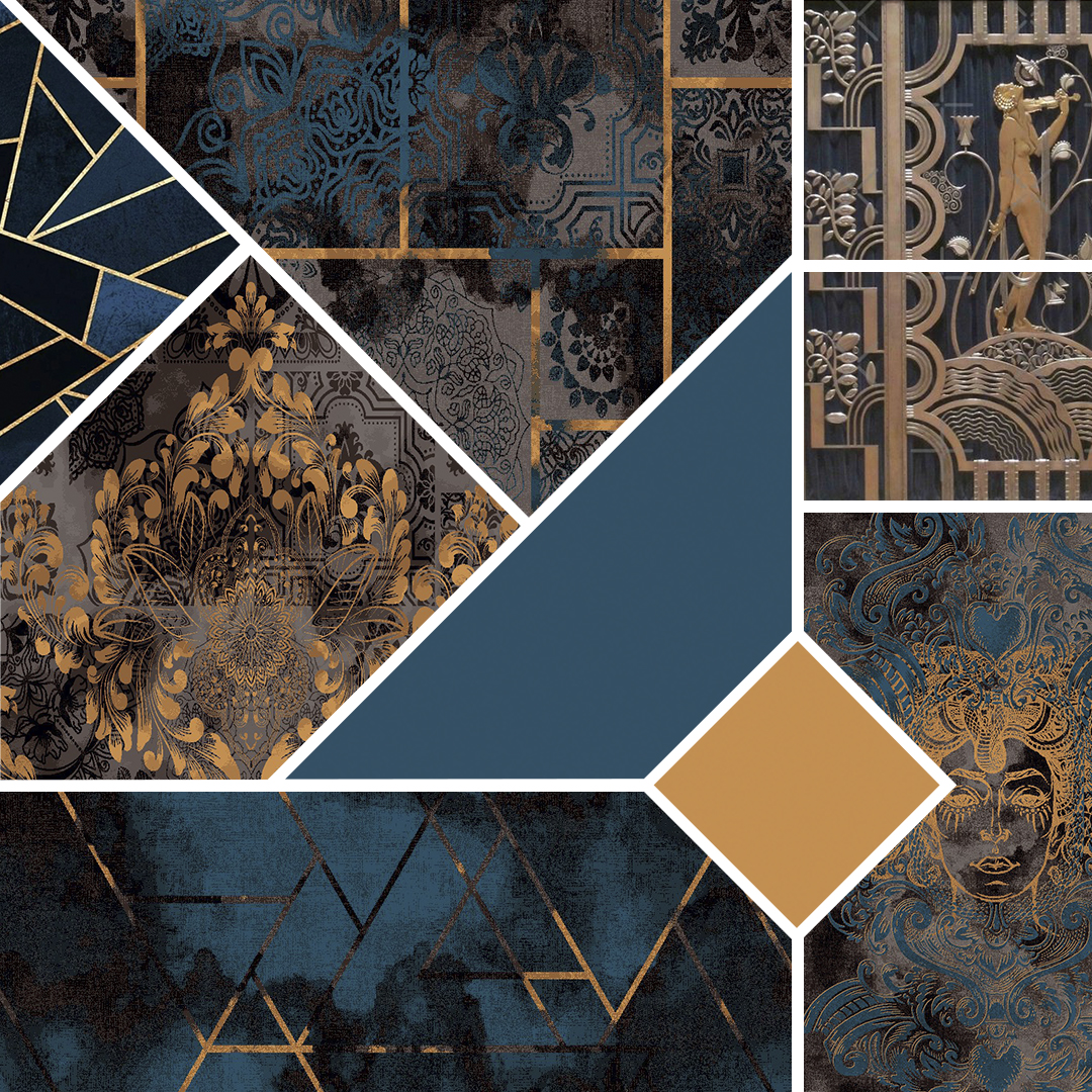 colour and pattern moodboard in teal and gold for Modieus Bello Palazzo Collection