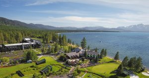 an aerial view of the resort Edgewood Tahoe on the lake 