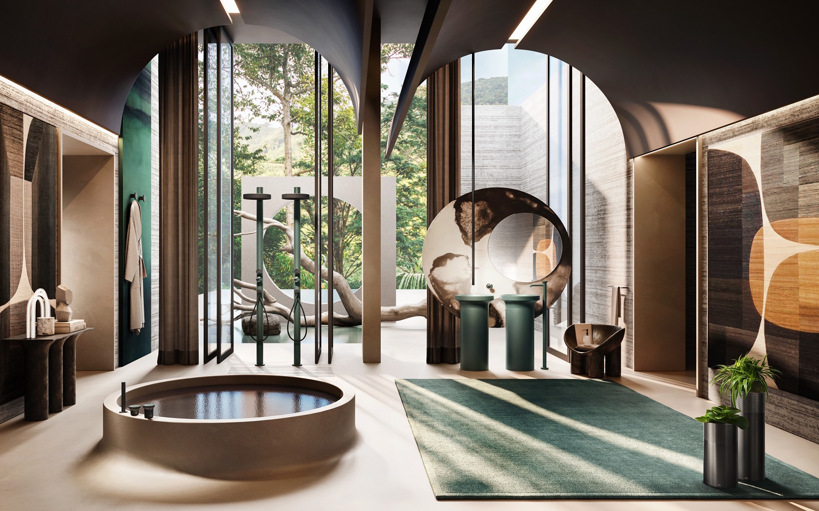 bathroom with arched windows and a round pool bath with fittings from the Origini collection from Gessi