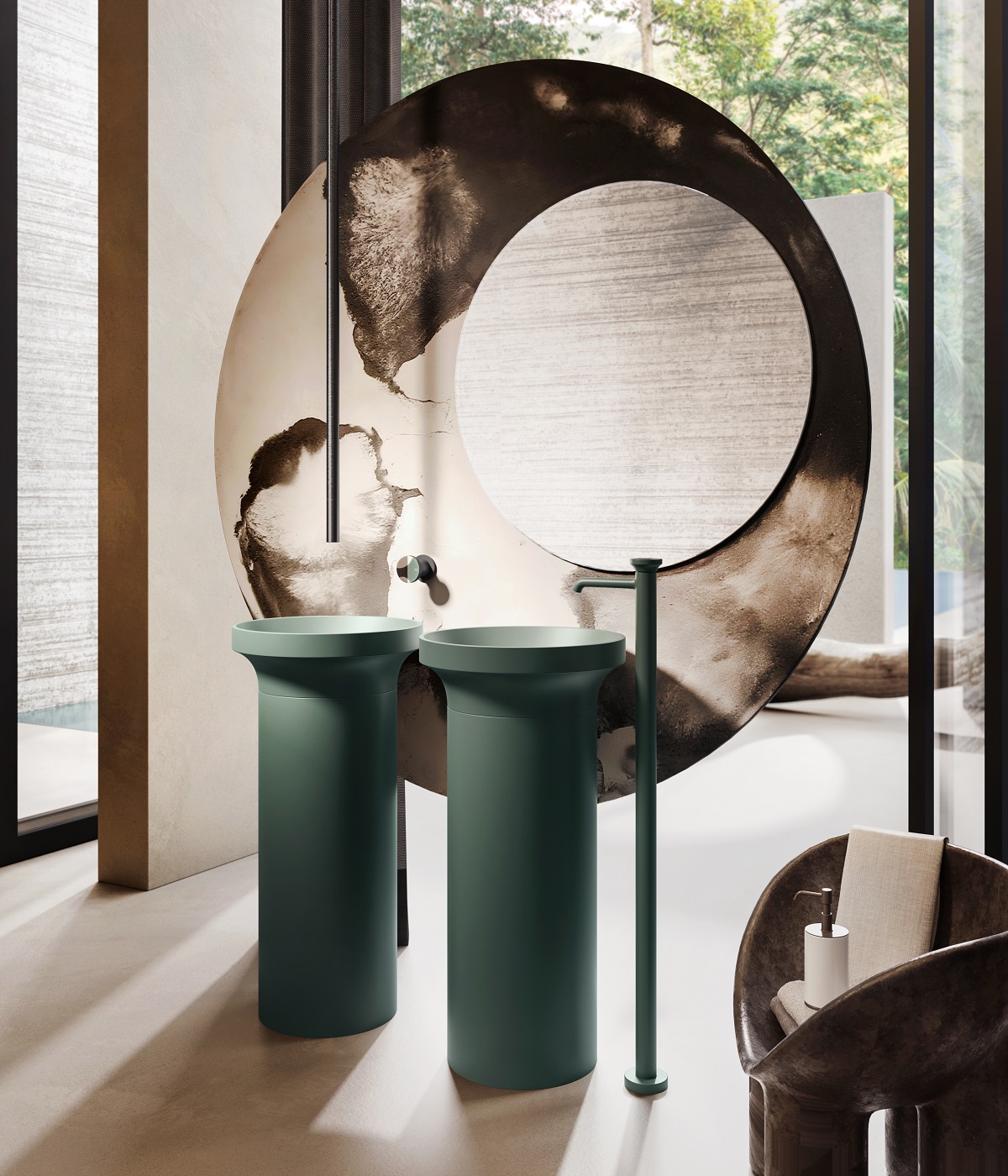 round mirror with olive green basin from the GESSI_Origini_Nature collection