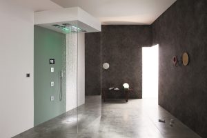 GRAFF Designs render of the Aqua-Sense Collection shower in a bathroom set