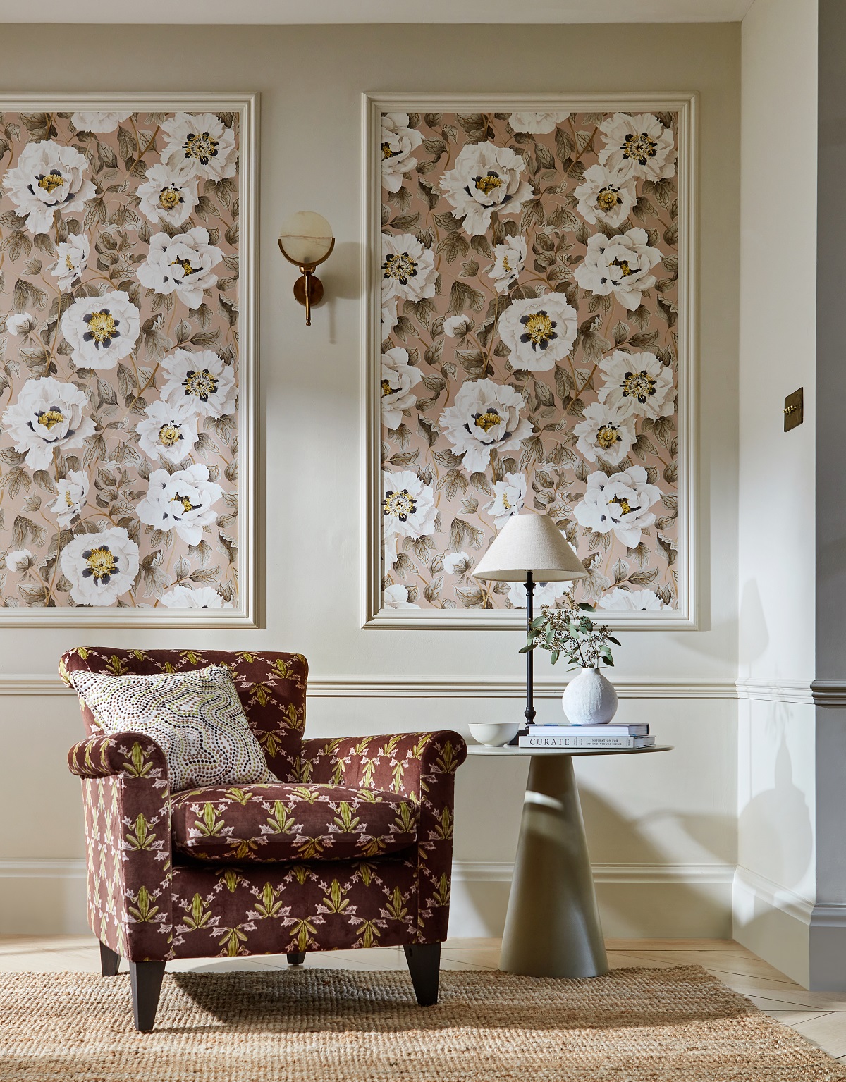 brown floral wallpaper in panels behind brown patterned chair in Harlequin fabric colour 4