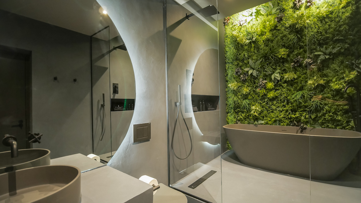 A modern bathroom with living wall