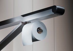 sleek yet functional designed toilet roll holder and grab bar in KEUCO AXESS range
