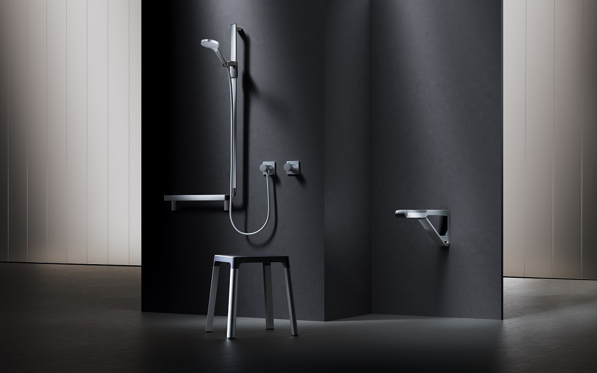 black and chrome contemporary shower fittings with grab rail and stool by KEUCO and Studio Porsche