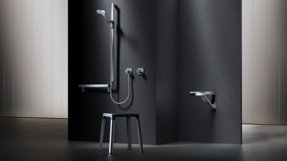 sleek contemporary bathroom in black and chrome with AXESS fittings by KEUCO and Porsche
