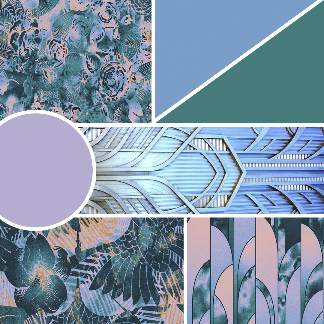 lilac, blue and teal moodboard describing the FIORE design in the Modieus Bello Collection