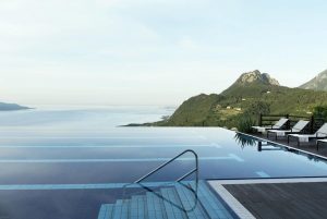 view from across the pool to lake garda from Lefay Resort & SPA Lago di Garda 