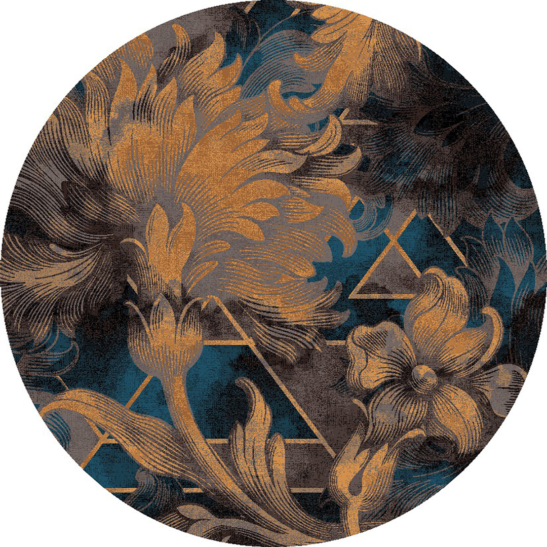 floral round palazza rug design in teal and gold in the Modieus Bello collection