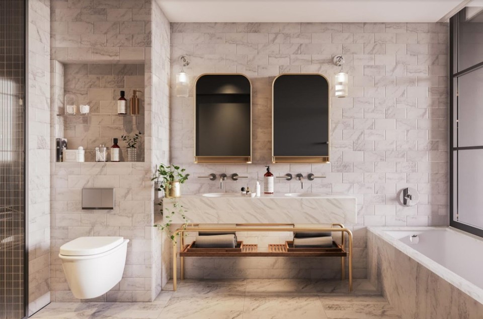 Luxurious, marble-like bathroom in London hotel
