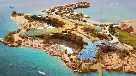 Render of island in Saudi Arabia showing the hotel development for Marriott