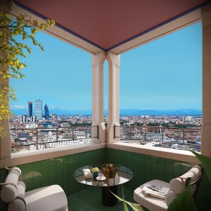 balcony with chairs and table in sircle Milan with views right across Milan