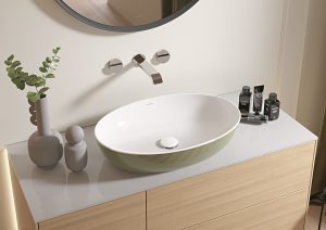 wood and plants and sage green ARTIS handbasin from Villeroy & Boch