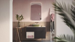 pink walls and wood panelling in a bathroom with Artis sage green washbasin from Villeroy & Boch