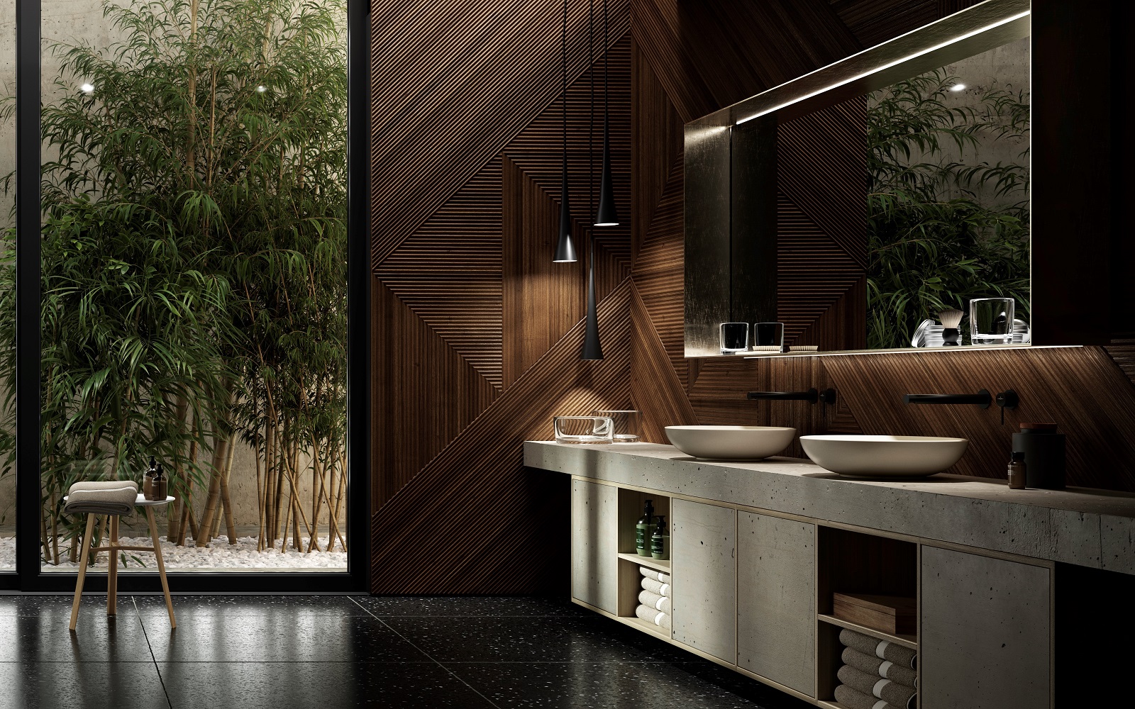 wood and glass in bathroom with double vanity unit from Villeroy & Boch