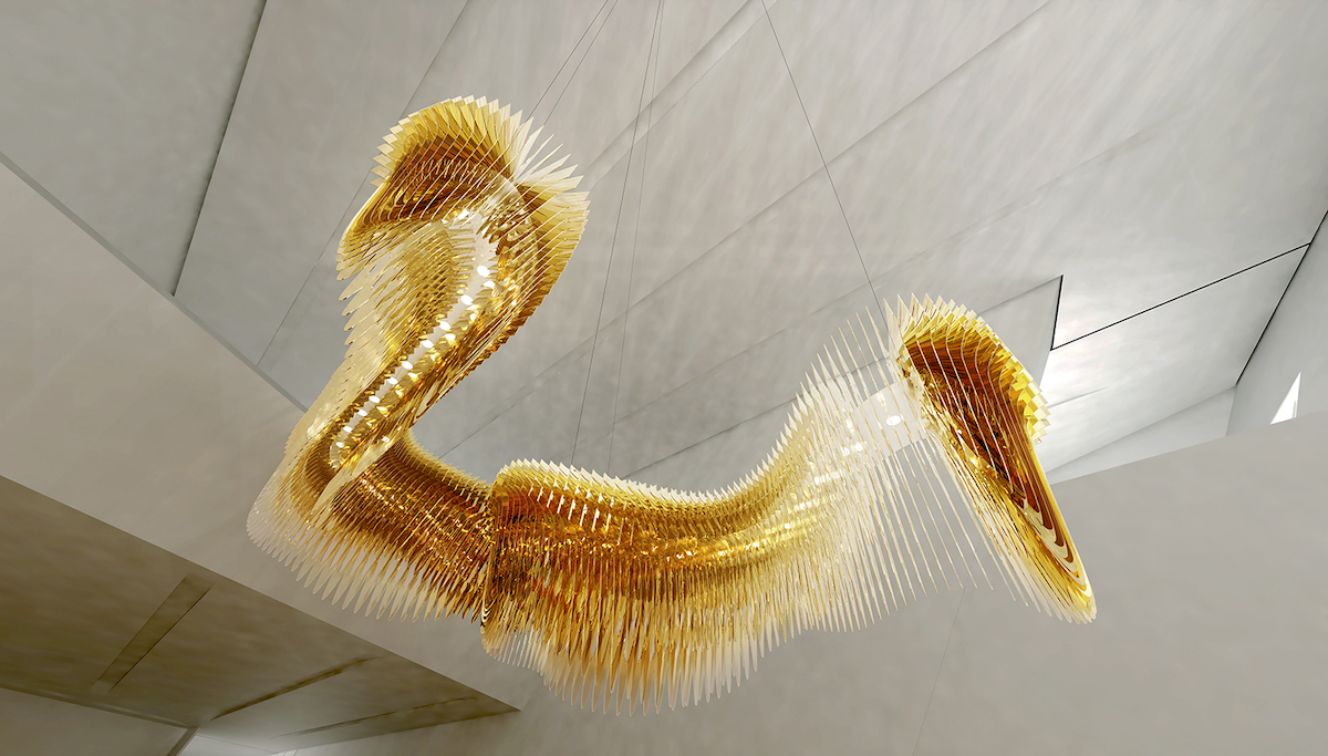 Aria Infinita - a gold scale-like chandelier designed by Zaha Hadid Design