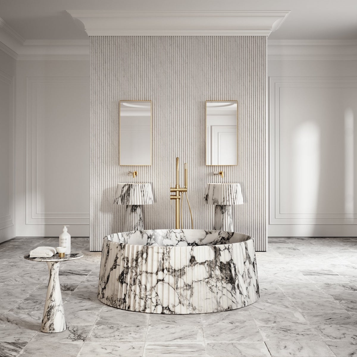 arabescato lamp basin and free standing bath - both marble inspired