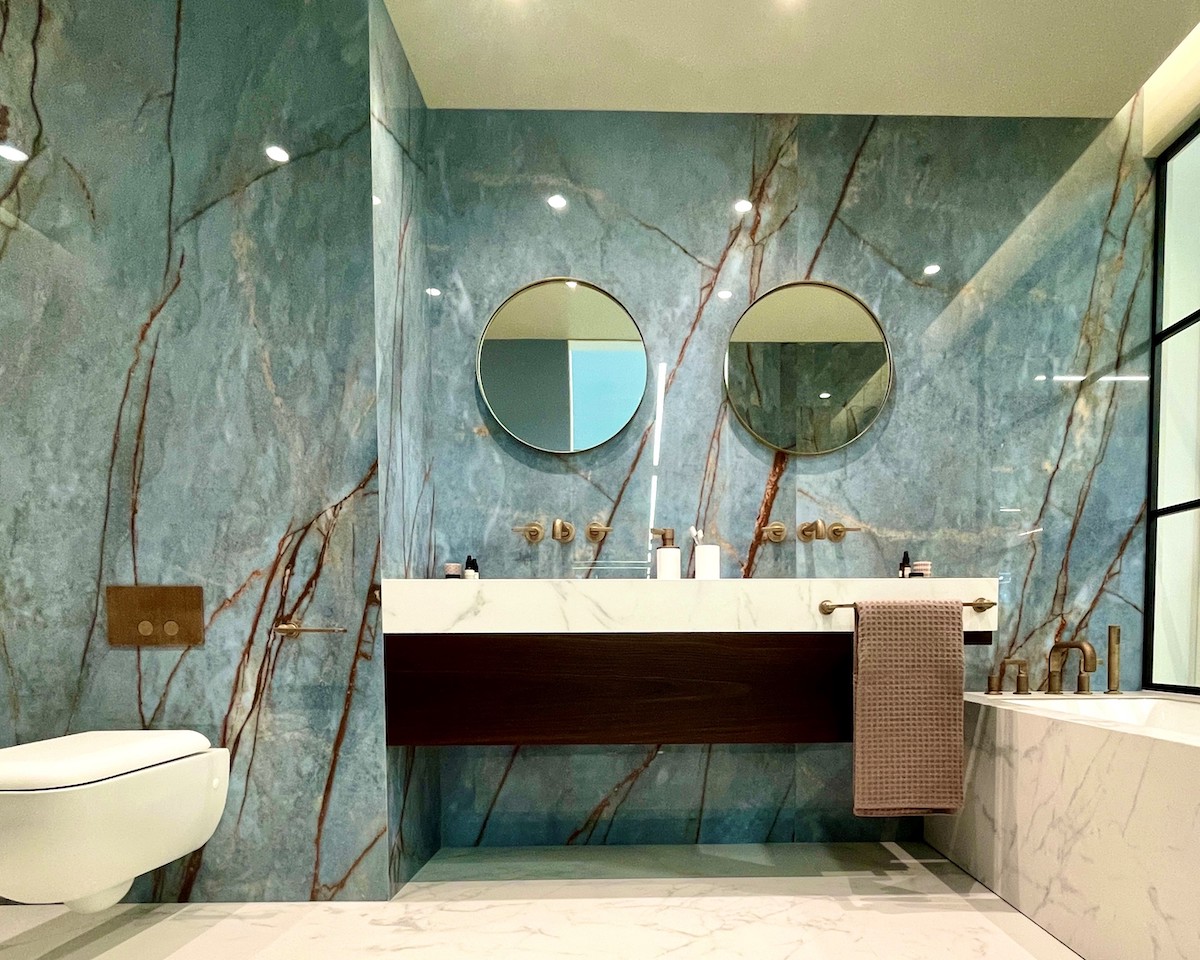 Turquoise modern, luxury bathroom with twin vanity unit 