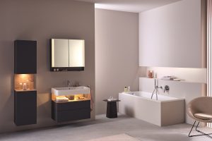 curved edges and back lit shelves in the wall hung bathroom furniture qatego by F.A. Porsche for Duravit