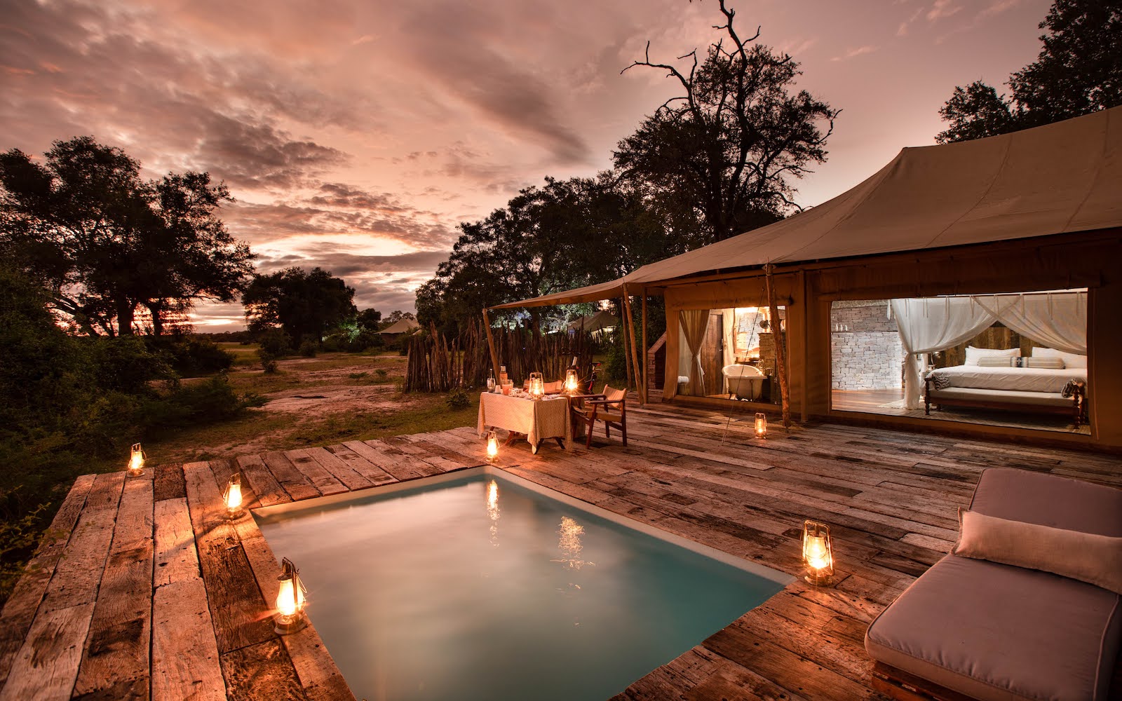 Tembo Plains Camp is tucked away into a thick riverine forest on the edge of the Zambezi River, in the private 128,000-hectare Sapi Private Reserve, east of Zimbabwe’s Mana Pools National Park. Tembo Plains Camp and the 2-bedroomed Tembo Plains Suite fit into our highest camp level offering, the Réserve Collection of camps. Fellow Réserve Collection camps include Zarafa Camp, Selinda Camp, Duba Plains in Botswana, Mara Nyika Camp, Mara Plains Camp and ol Donyo Lodge in Kenya. It is also a proud member of Relais & Châteaux – the only luxury Zimbabwean safari camp currently with this honour.
