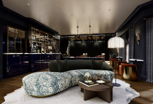 bar and entertainment room with curved patterned sofa in centre by Studio Clementine