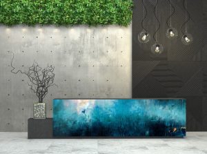 abstract blue glass panel as a desk frontage in hotel lobby inspired by the Atlantic Ocean and created by Red Dog Glass Design