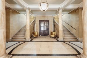 entrance and lobby in Bromley Old Town Hall with double staircase and period features