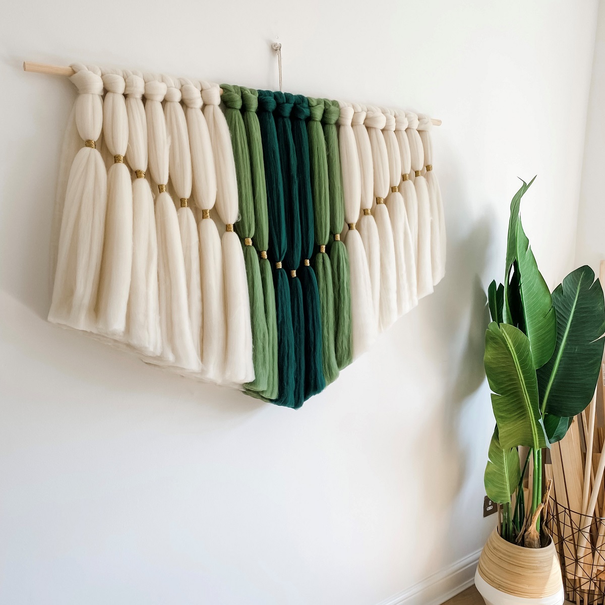 hand made macramé wall hanging in green and white by Knot My Name