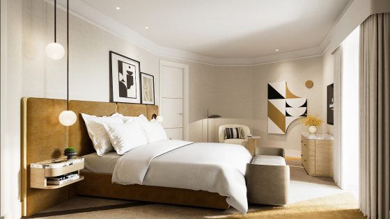 A render of modern suite with mustard colours and white linen