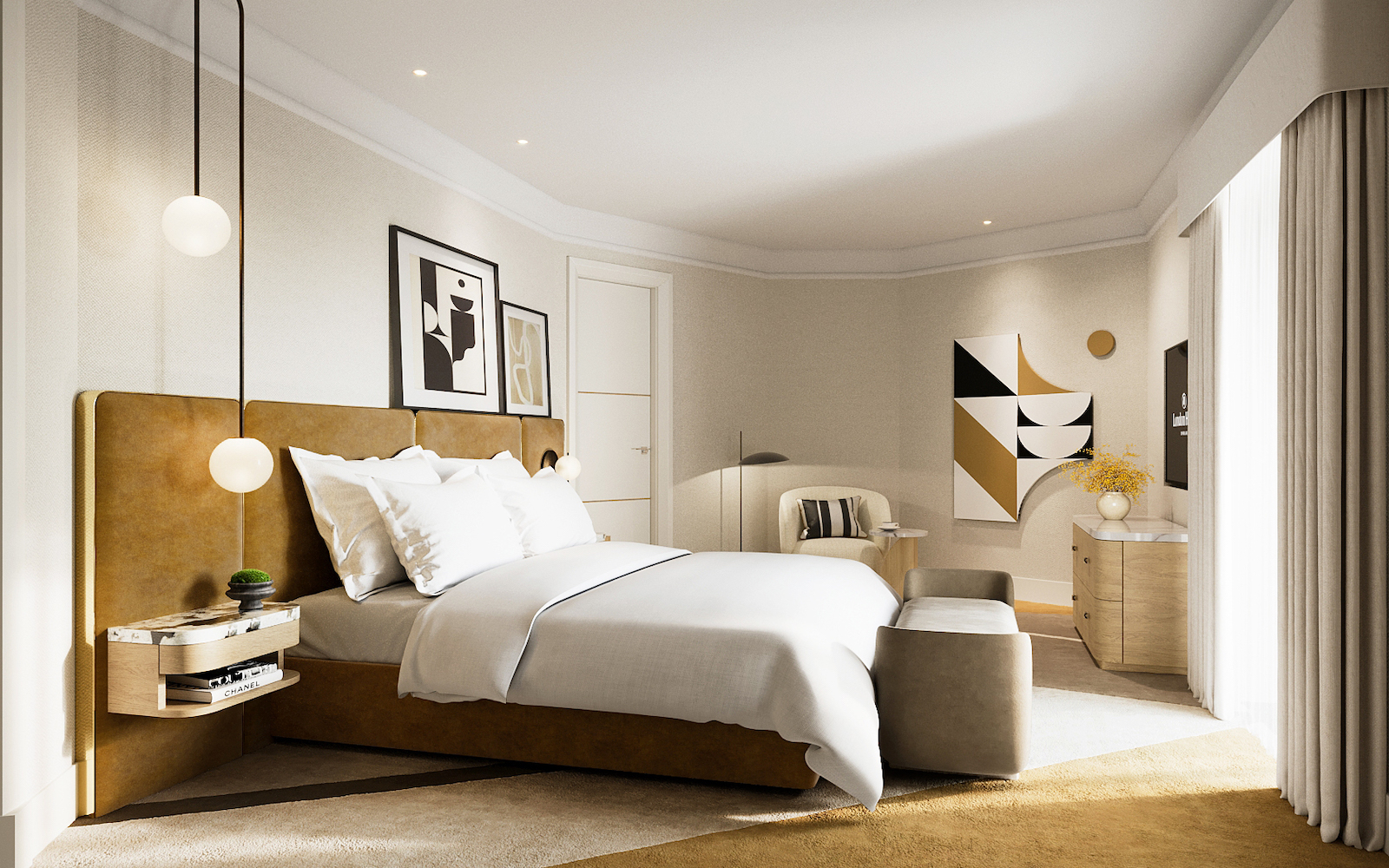 A render of modern suite with mustard colours and white linen
