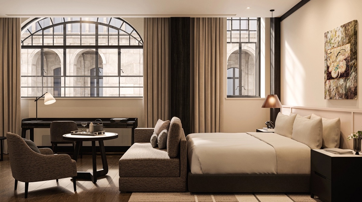 period window detail and warm monochromatic colours and finishes in the guestroom at Capella Sydney
