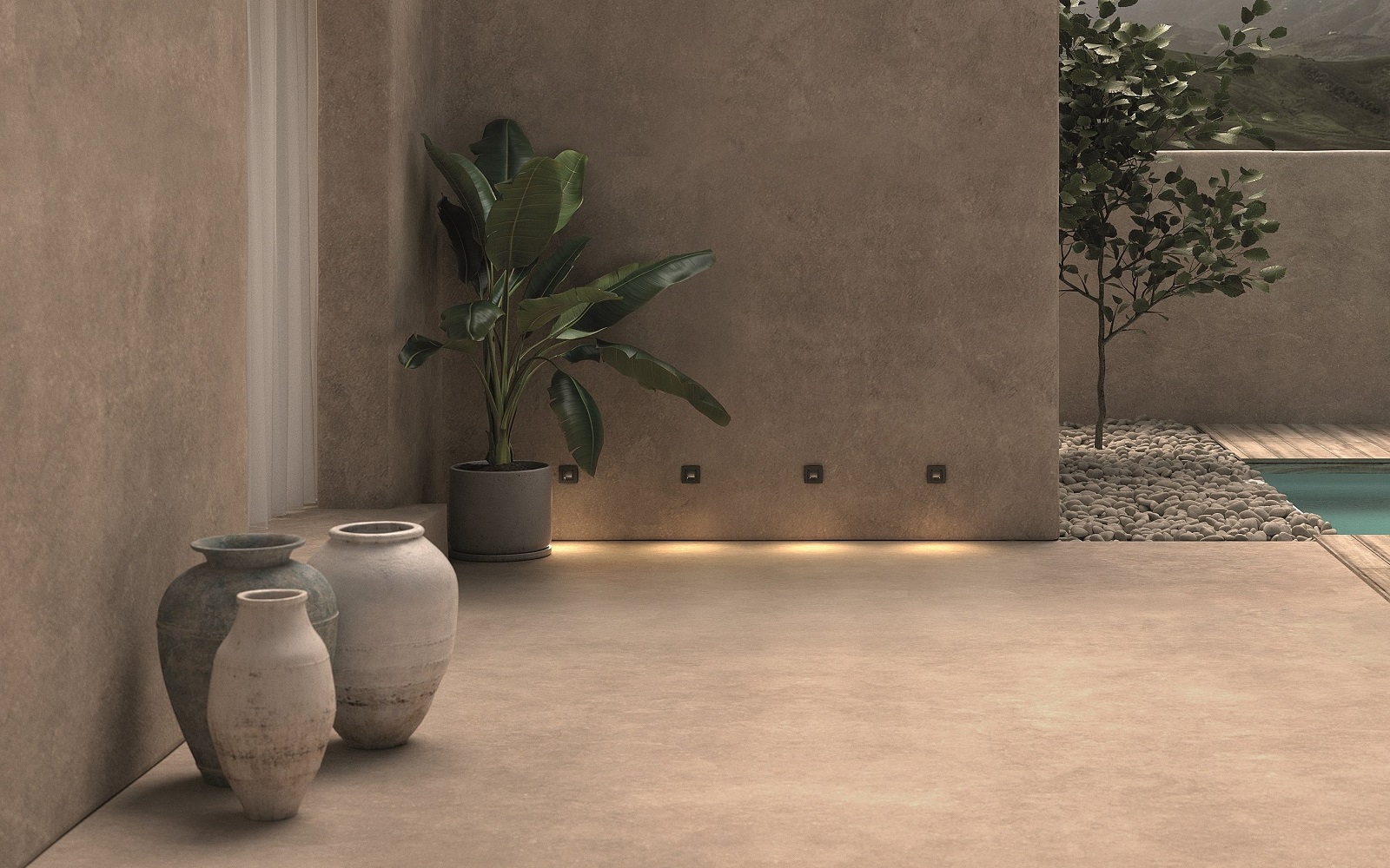 natural adobe house with terracotta pots and Click outdoor lighting from LedsC4