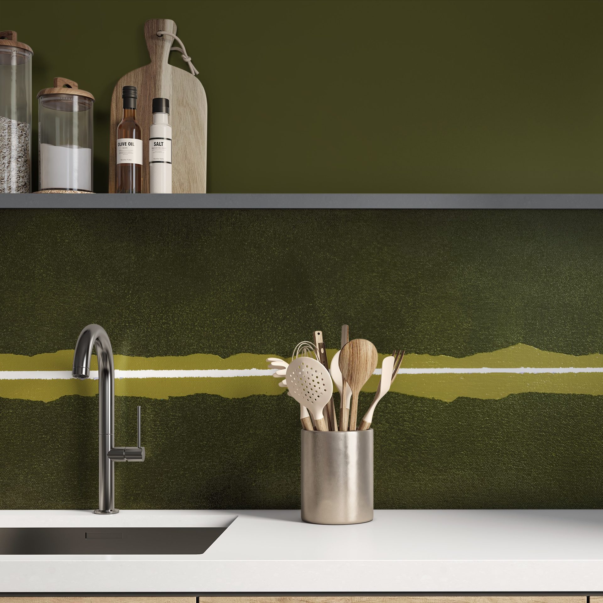 dark forest green glass splashback behind a kitchen sink