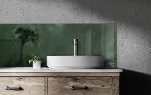 forest green abstract painted glass splashback behind a bathroom sink on a wooden vanity