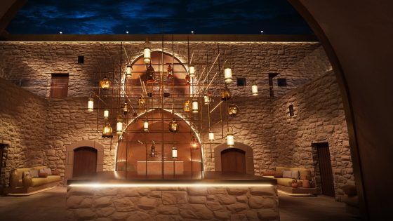 stone walls and lanterns in render of The Chedi Hegra boutique hotel