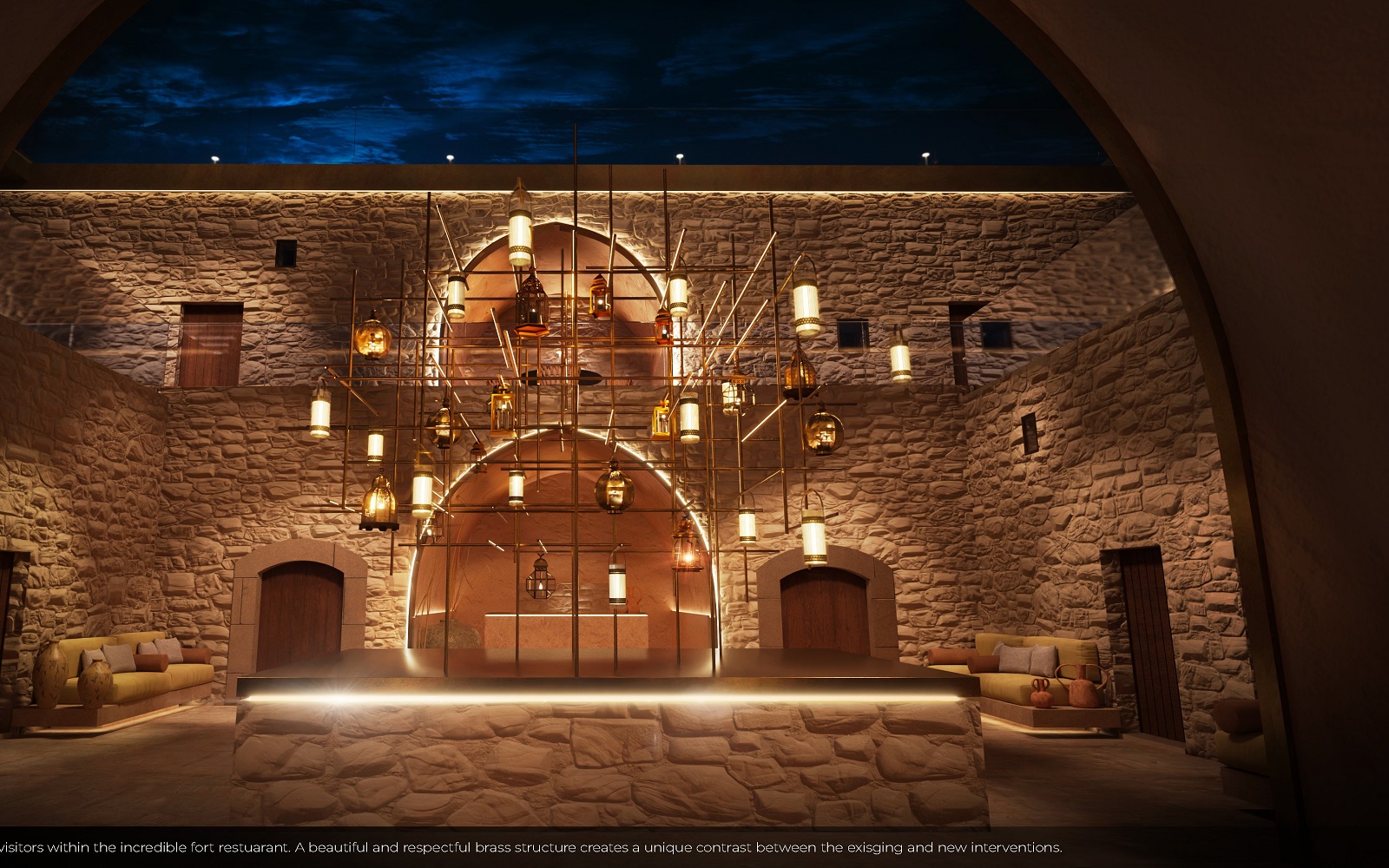 stone walls and lanterns in render of The Chedi Hegra boutique hotel