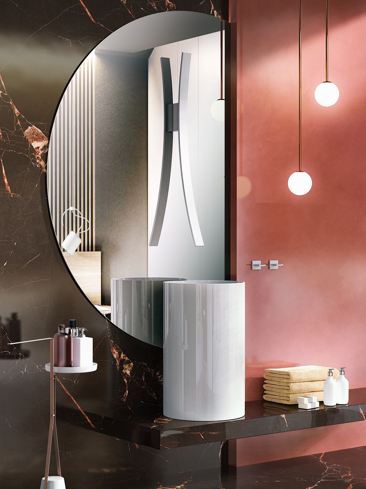 curved half moon bathroom mirror over cylindrical handbasin from the Luna collection by GRAFF