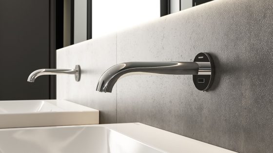 wall mounted chrome tap above hand basin from Geberit