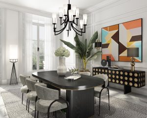 oval dining room table with modern black chandelier above and floor lamp on the side