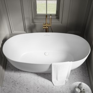 view from above looking into matt white freestanding Lusso bath in grey bathroom setting