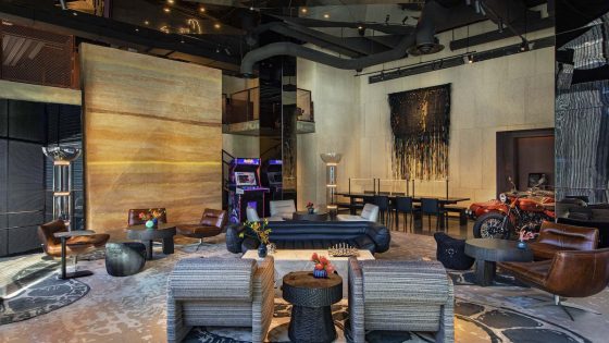 Moxy Hotel lobby with snake skin features and low-level furniture