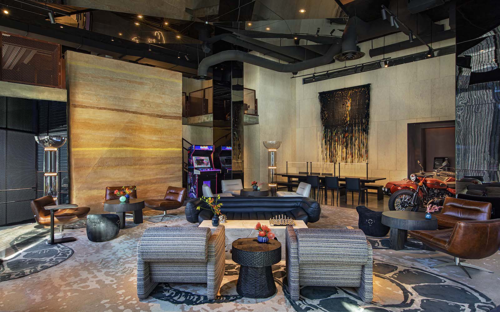 Moxy Hotel lobby with snake skin features and low-level furniture